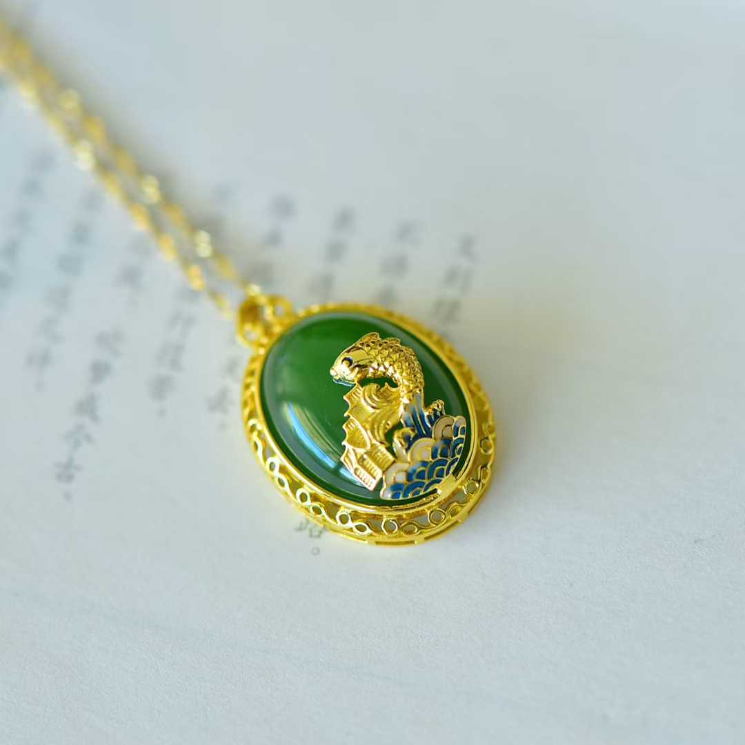 925 Silver Inlaid Hetian Jasper "Cabochon & Fish Leaping Over the Dragon Gate" Pendant - jewelry - weilin.com