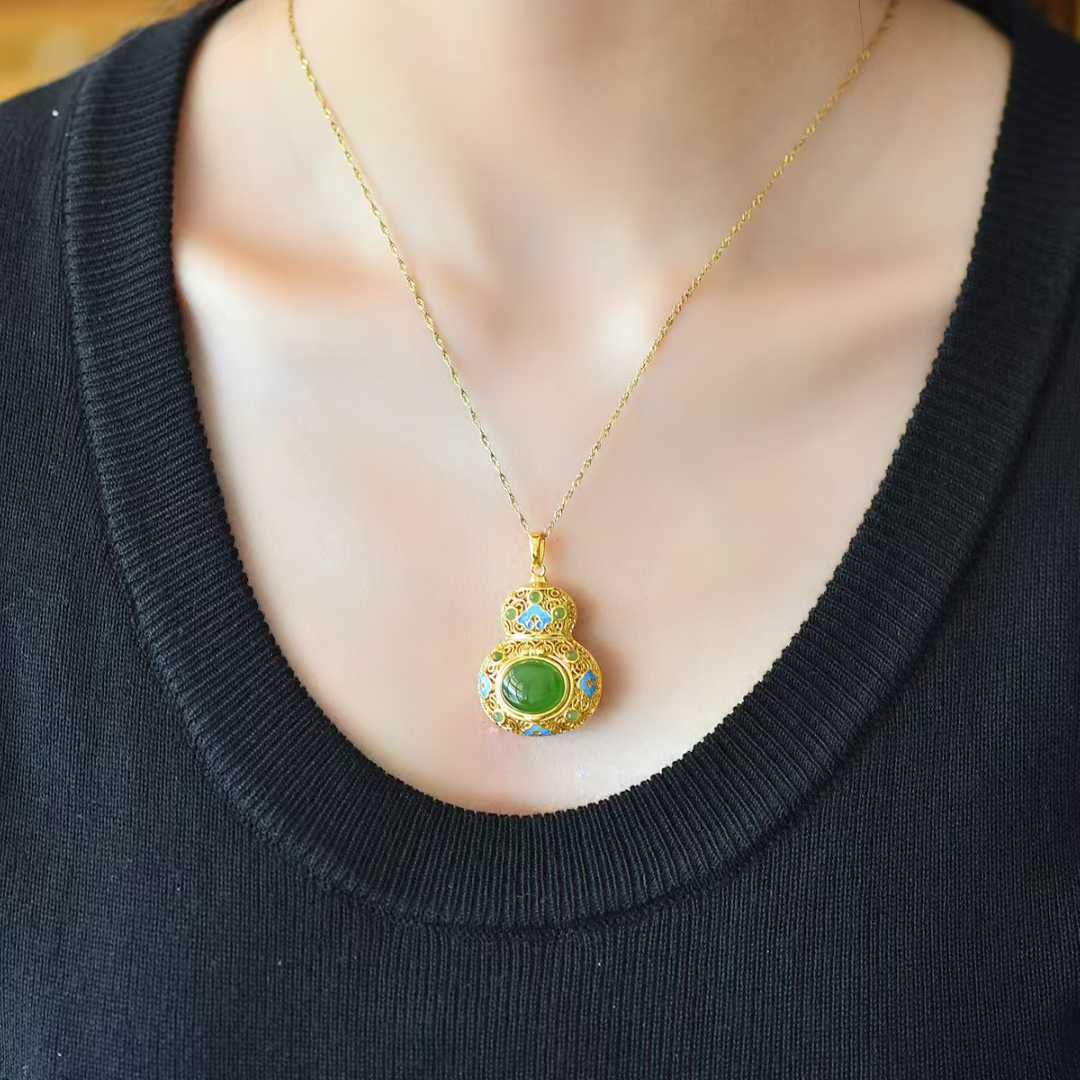 925 Silver Inlaid Hetian Jasper "Gourd & Filigree" Pendant - jewelry - weilin.com