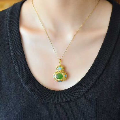 925 Silver Inlaid Hetian Jasper "Gourd & Filigree" Pendant - jewelry - weilin.com