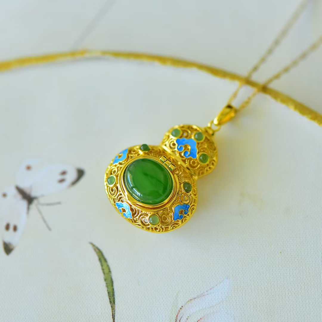 925 Silver Inlaid Hetian Jasper "Gourd & Filigree" Pendant - jewelry - weilin.com