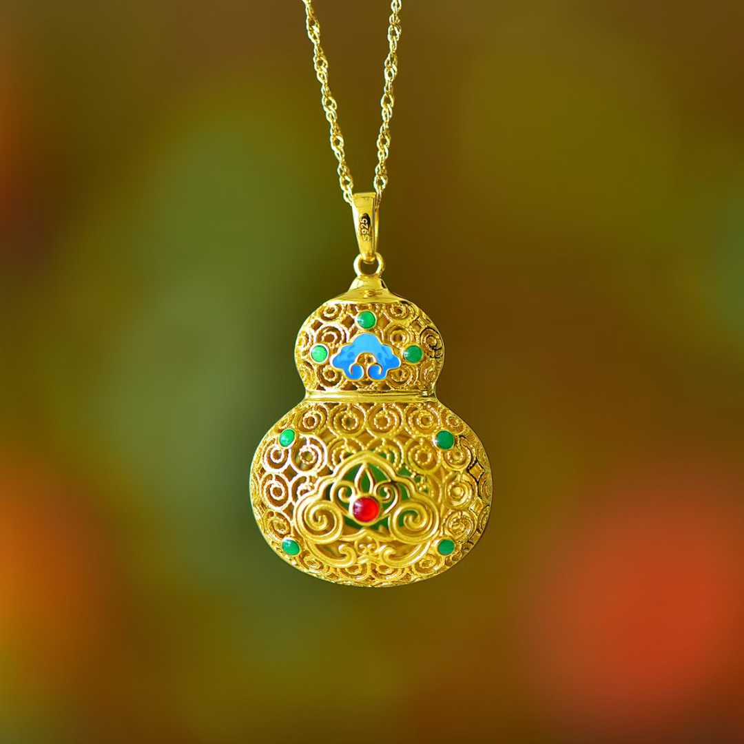 925 Silver Inlaid Hetian Jasper "Gourd & Filigree" Pendant - jewelry - weilin.com