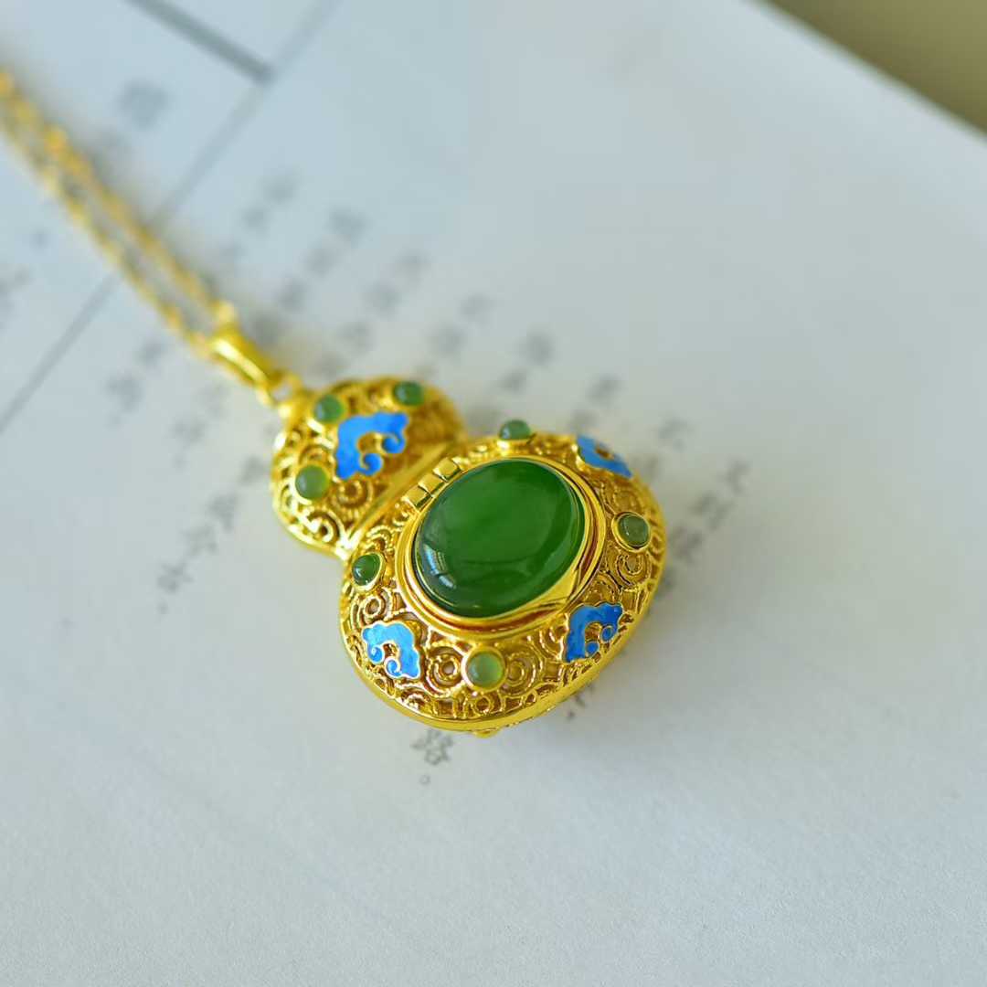 925 Silver Inlaid Hetian Jasper "Gourd & Filigree" Pendant - jewelry - weilin.com