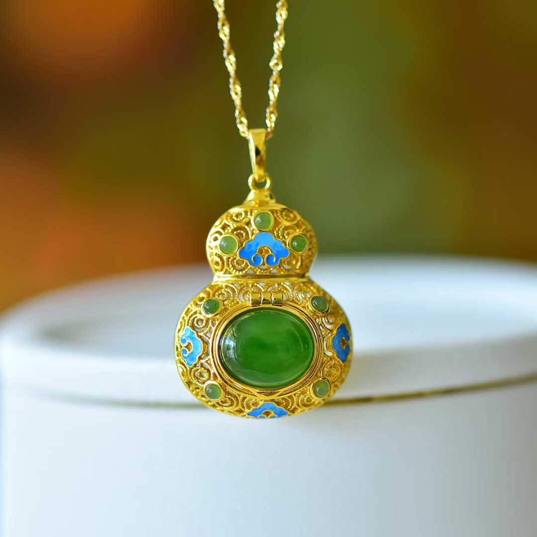 925 Silver Inlaid Hetian Jasper "Gourd & Filigree" Pendant - jewelry - weilin.com