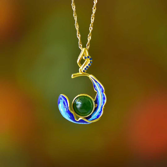 925 Silver Inlaid Hetian Jasper "Phoenix Tail" Pendant - jewelry - weilin.com