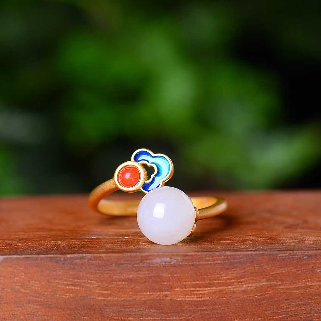 925 Silver Inlaid Hetian Nephrite 8mm White Jade Bead & Enamel Jewelry Set - jewelry - weilin.com