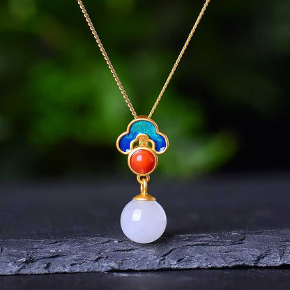 925 Silver Inlaid Hetian Nephrite 8mm White Jade Bead & Enamel Jewelry Set - jewelry - weilin.com