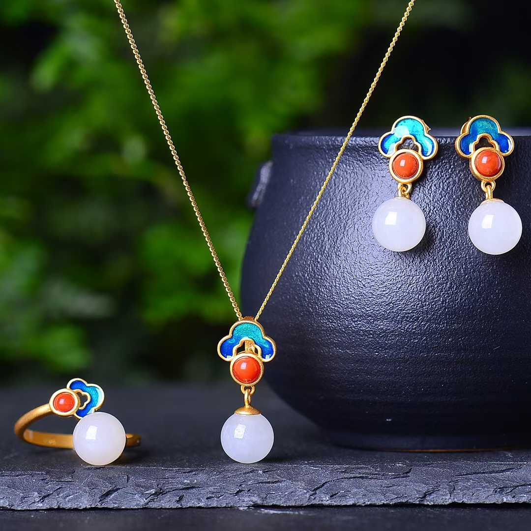 925 Silver Inlaid Hetian Nephrite 8mm White Jade Bead & Enamel Jewelry Set - jewelry - weilin.com