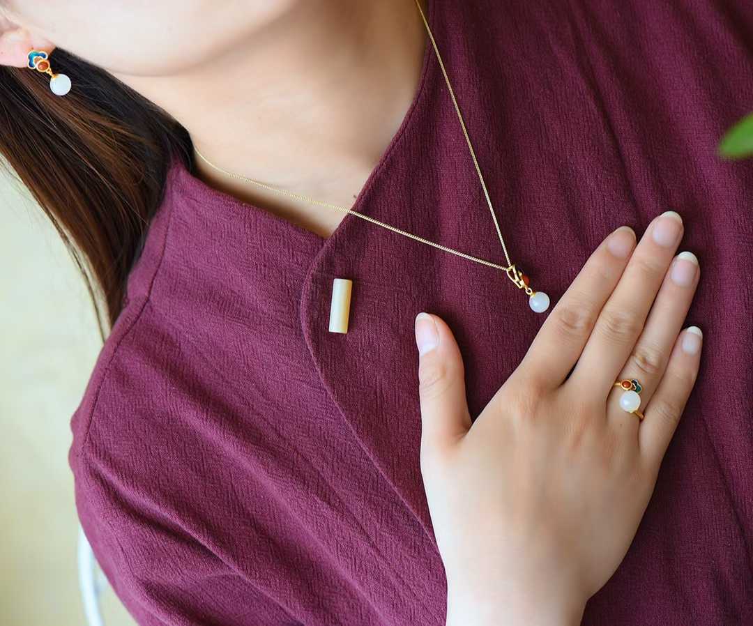 925 Silver Inlaid Hetian Nephrite 8mm White Jade Bead & Enamel Jewelry Set - jewelry - weilin.com