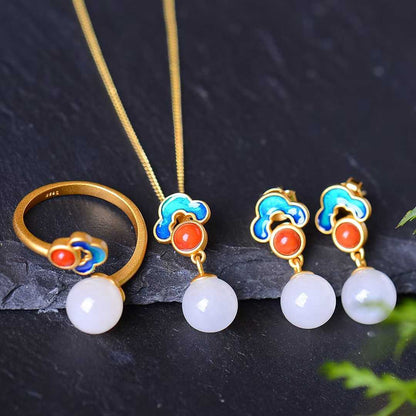 925 Silver Inlaid Hetian Nephrite 8mm White Jade Bead & Enamel Jewelry Set - jewelry - weilin.com