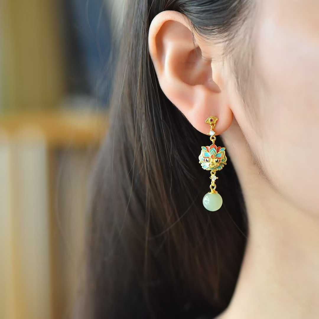 925 Silver Inlaid Hetian Nephrite "All Wishes Come True & Sunny Water Bead" Earrings - jewelry - weilin.com
