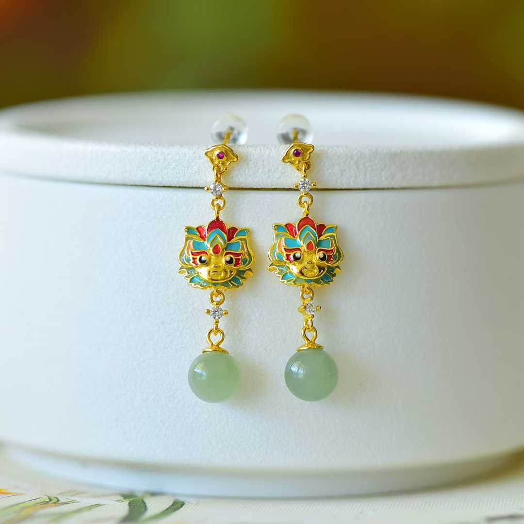 925 Silver Inlaid Hetian Nephrite "All Wishes Come True & Sunny Water Bead" Earrings - jewelry - weilin.com