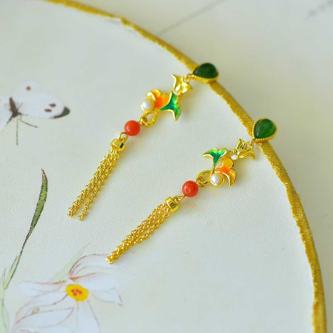 925 Silver Inlaid Hetian Nephrite "Apricot Leaf & Tassel" Earrings - jewelry - weilin.com