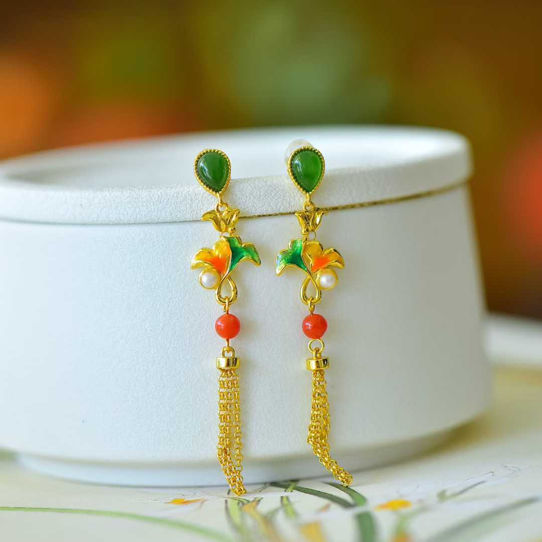 925 Silver Inlaid Hetian Nephrite "Apricot Leaf & Tassel" Earrings - jewelry - weilin.com