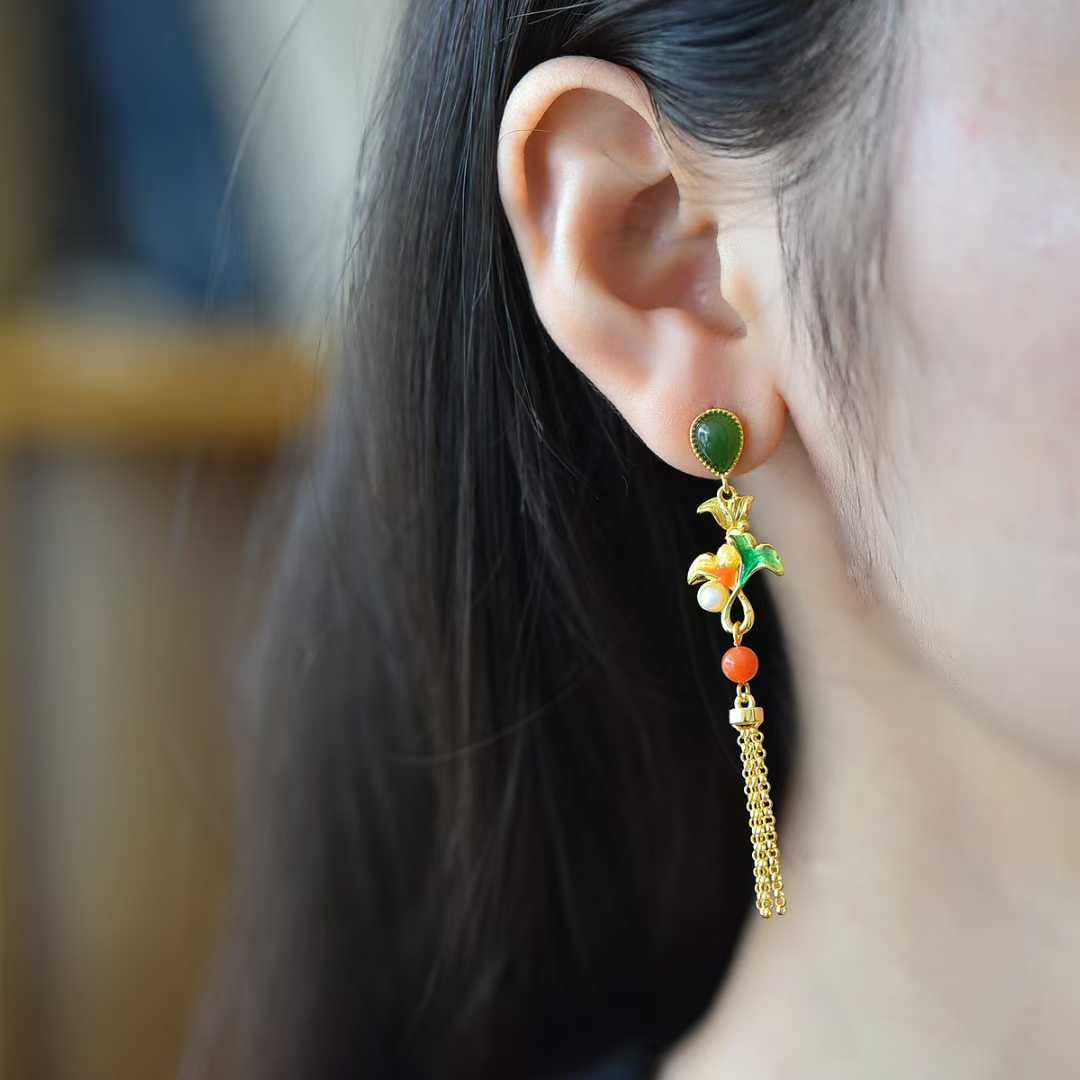 925 Silver Inlaid Hetian Nephrite "Apricot Leaf & Tassel" Earrings - jewelry - weilin.com