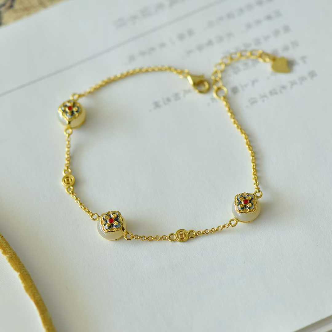 925 Silver Inlaid Hetian Nephrite "Blooming Prosperity & Peace Buckle" Jewelry Set - jewelry - weilin.com