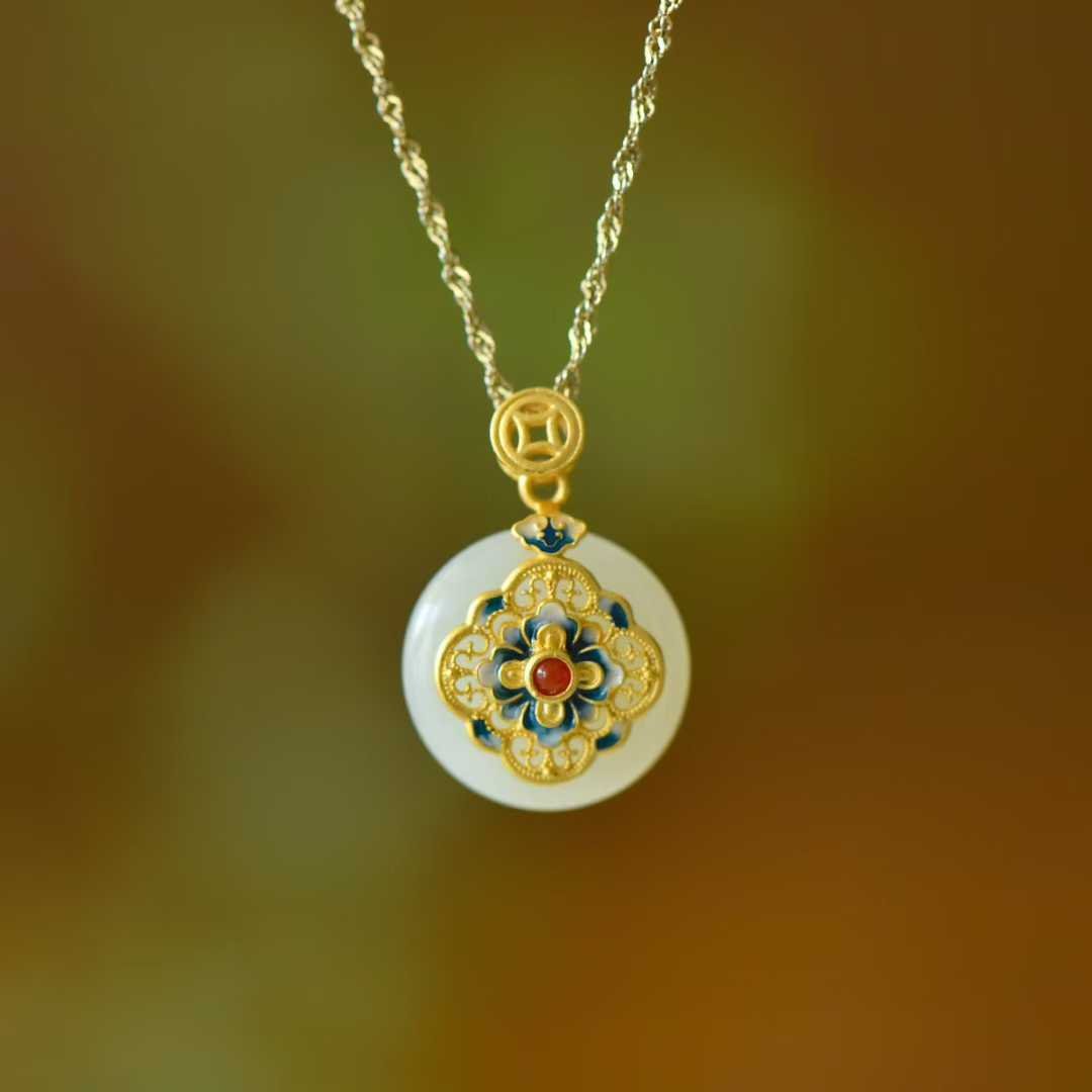 925 Silver Inlaid Hetian Nephrite "Blooming Prosperity & Peace Buckle" Jewelry Set - jewelry - weilin.com