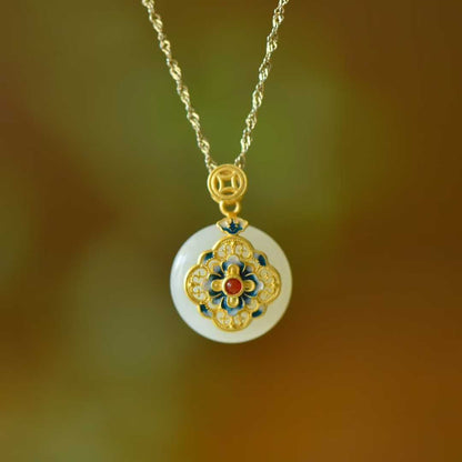 925 Silver Inlaid Hetian Nephrite "Blooming Prosperity & Peace Buckle" Jewelry Set - jewelry - weilin.com