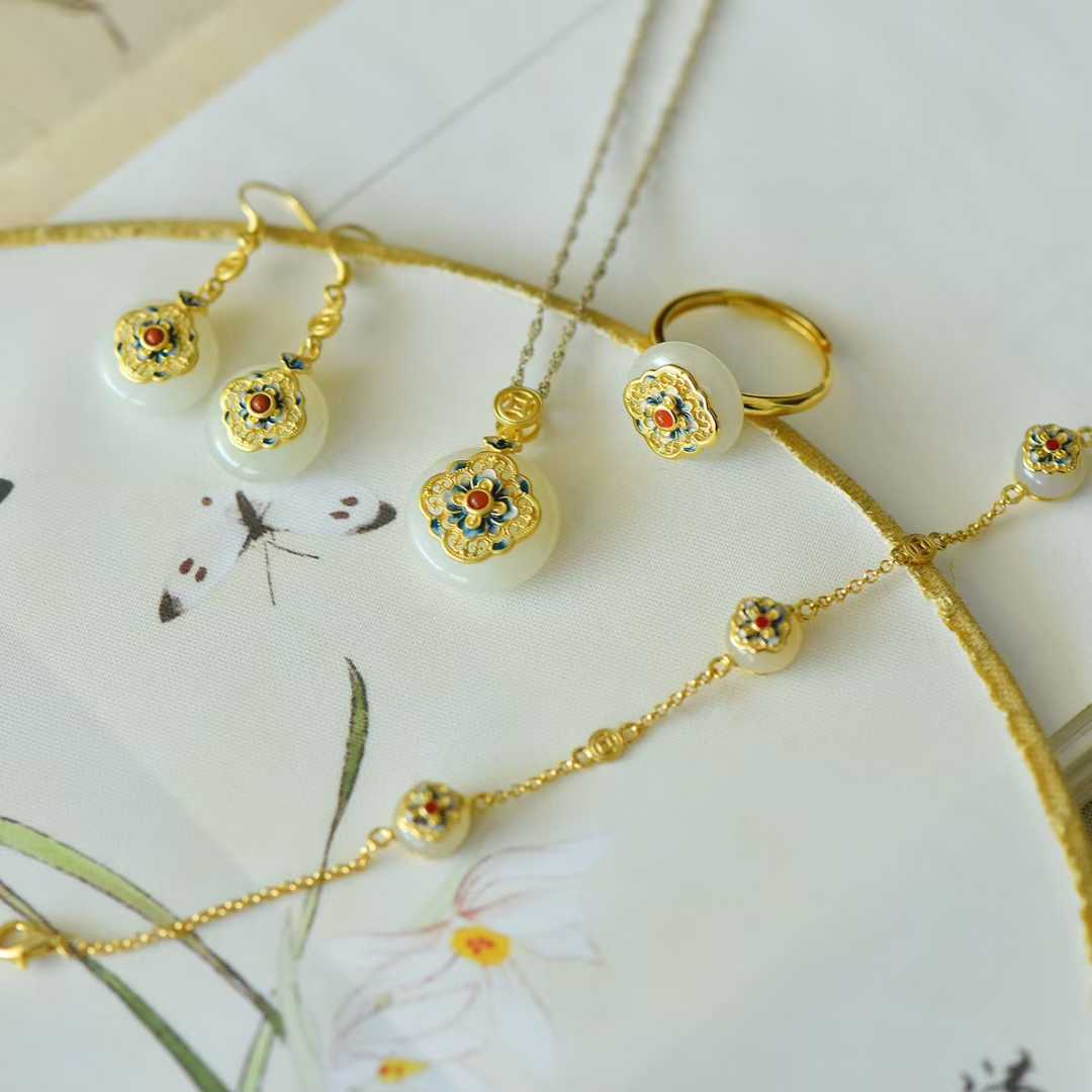 925 Silver Inlaid Hetian Nephrite "Blooming Prosperity & Peace Buckle" Jewelry Set - jewelry - weilin.com
