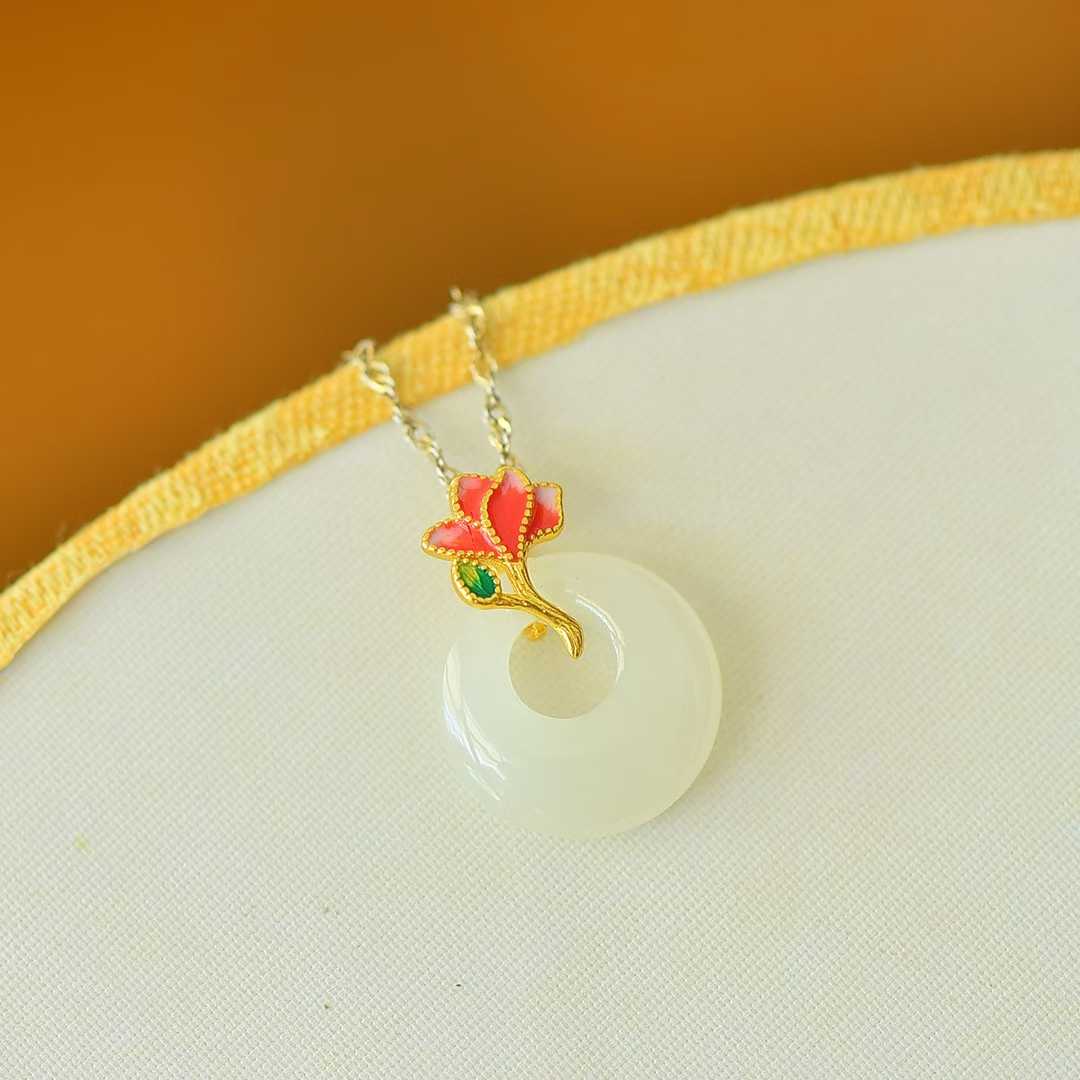 925 Silver Inlaid Hetian Nephrite "Blossoming Brocade" Princess Clasp Pendant - jewelry - weilin.com