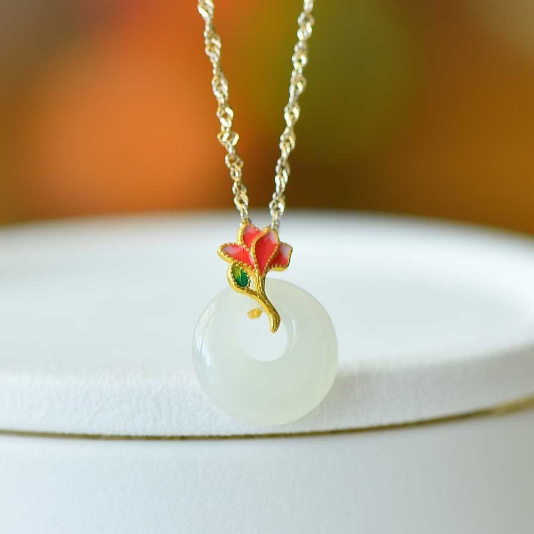 925 Silver Inlaid Hetian Nephrite "Blossoming Brocade" Princess Clasp Pendant - jewelry - weilin.com