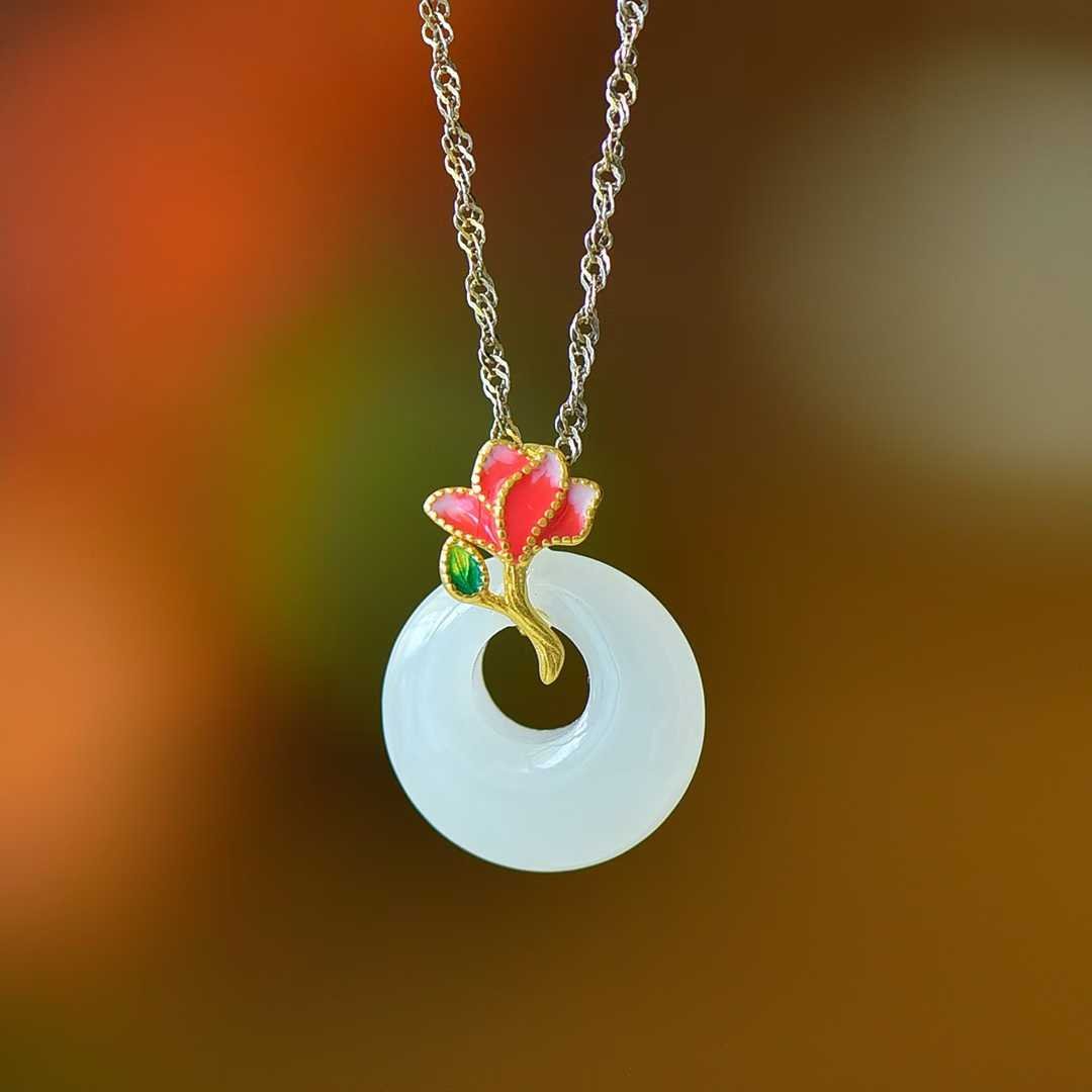 925 Silver Inlaid Hetian Nephrite "Blossoming Brocade" Princess Clasp Pendant - jewelry - weilin.com