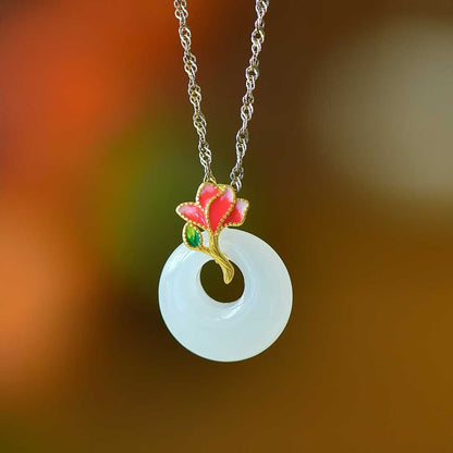 925 Silver Inlaid Hetian Nephrite "Blossoming Brocade" Princess Clasp Pendant - jewelry - weilin.com