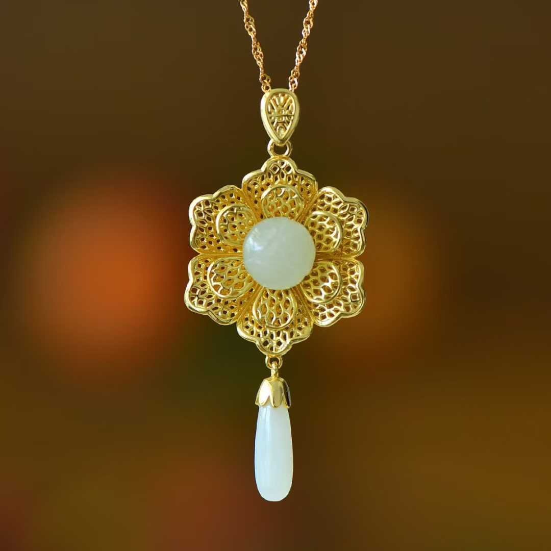 925 Silver Inlaid Hetian Nephrite "Blossoming Flowers & Prosperity" Pendant - jewelry - weilin.com