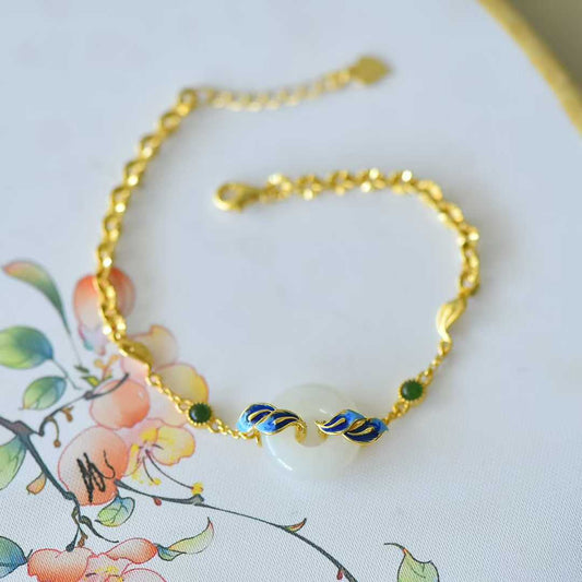 925 Silver Inlaid Hetian Nephrite "Bread Loaf Bead & Phoenix Tail" Bracelet - jewelry - weilin.com