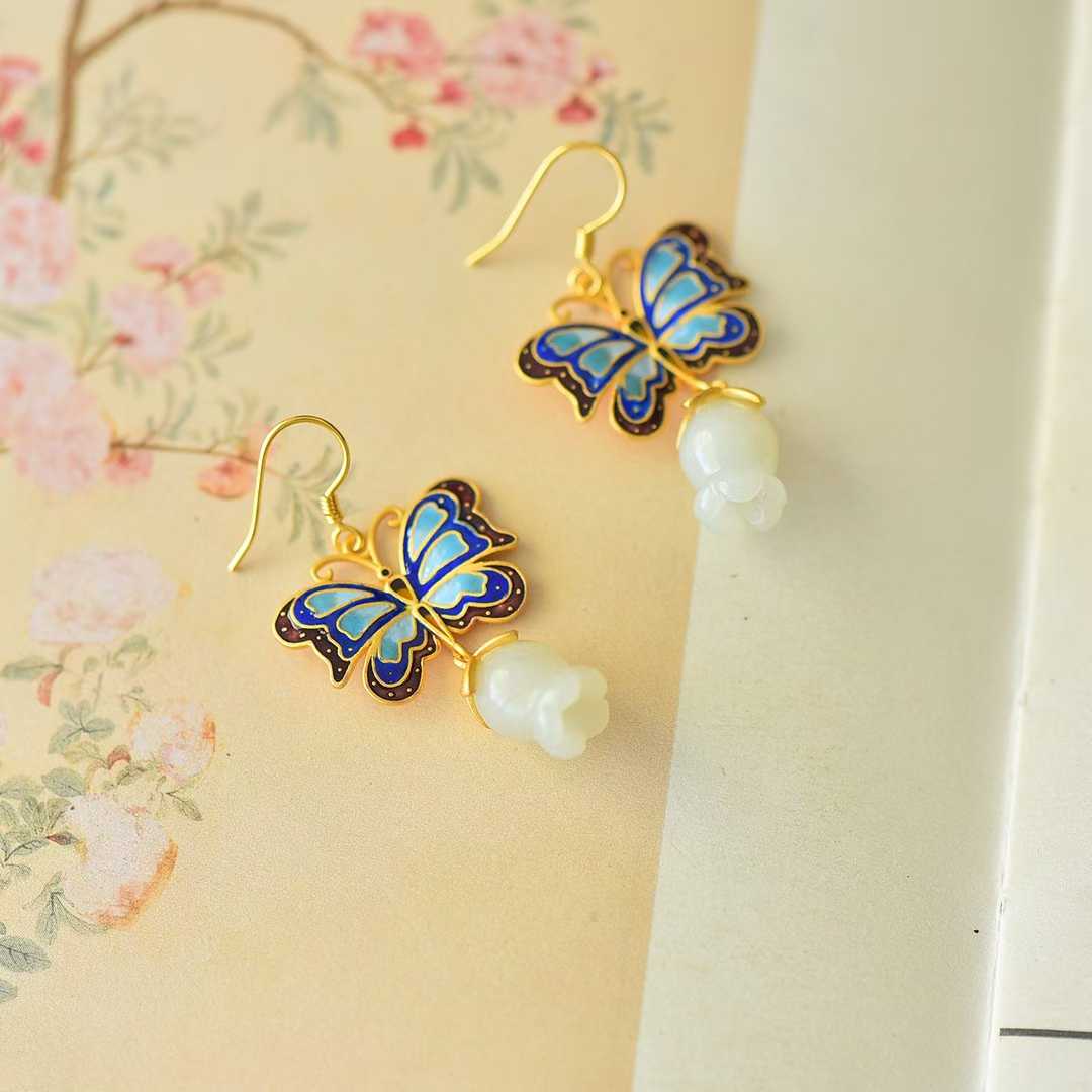 925 Silver Inlaid Hetian Nephrite "Butterfly & Lily of the Valley" Earrings - jewelry - weilin.com