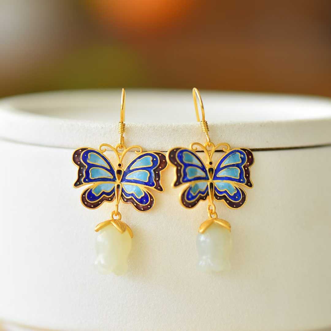 925 Silver Inlaid Hetian Nephrite "Butterfly & Lily of the Valley" Earrings - jewelry - weilin.com