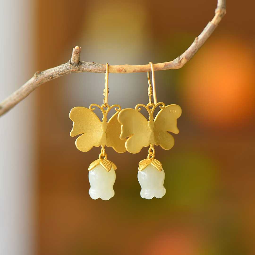 925 Silver Inlaid Hetian Nephrite "Butterfly & Lily of the Valley" Earrings - jewelry - weilin.com