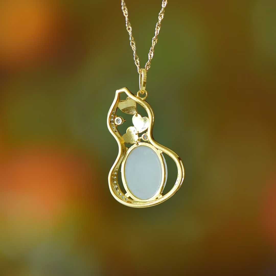 925 Silver Inlaid Hetian Nephrite "Butterfly Loves Flower & Gourd" Pendant - jewelry - weilin.com