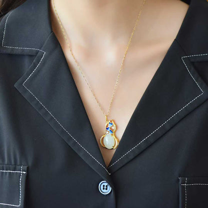 925 Silver Inlaid Hetian Nephrite "Butterfly Loves Flower & Gourd" Pendant - jewelry - weilin.com