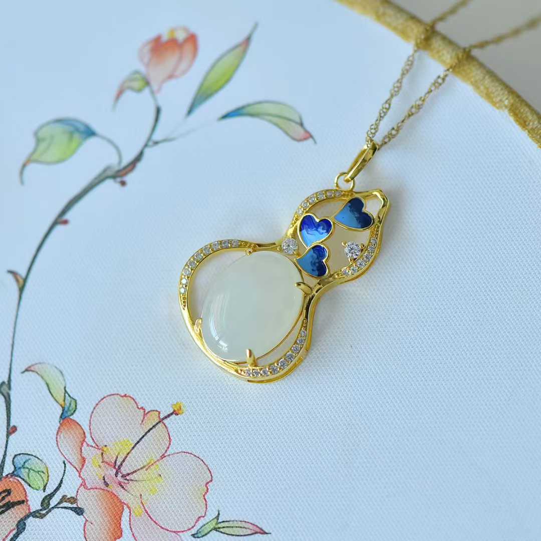 925 Silver Inlaid Hetian Nephrite "Butterfly Loves Flower & Gourd" Pendant - jewelry - weilin.com