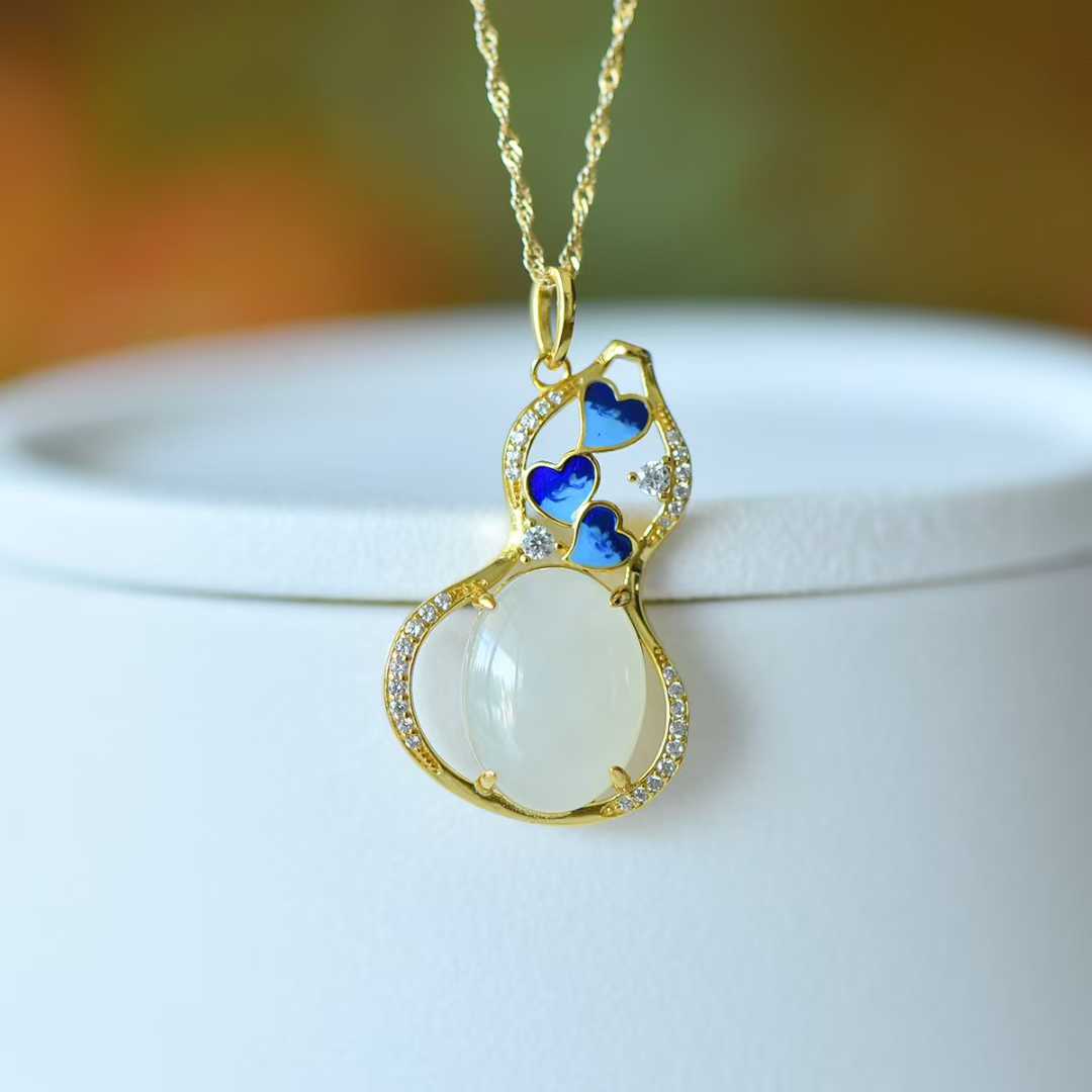 925 Silver Inlaid Hetian Nephrite "Butterfly Loves Flower & Gourd" Pendant - jewelry - weilin.com