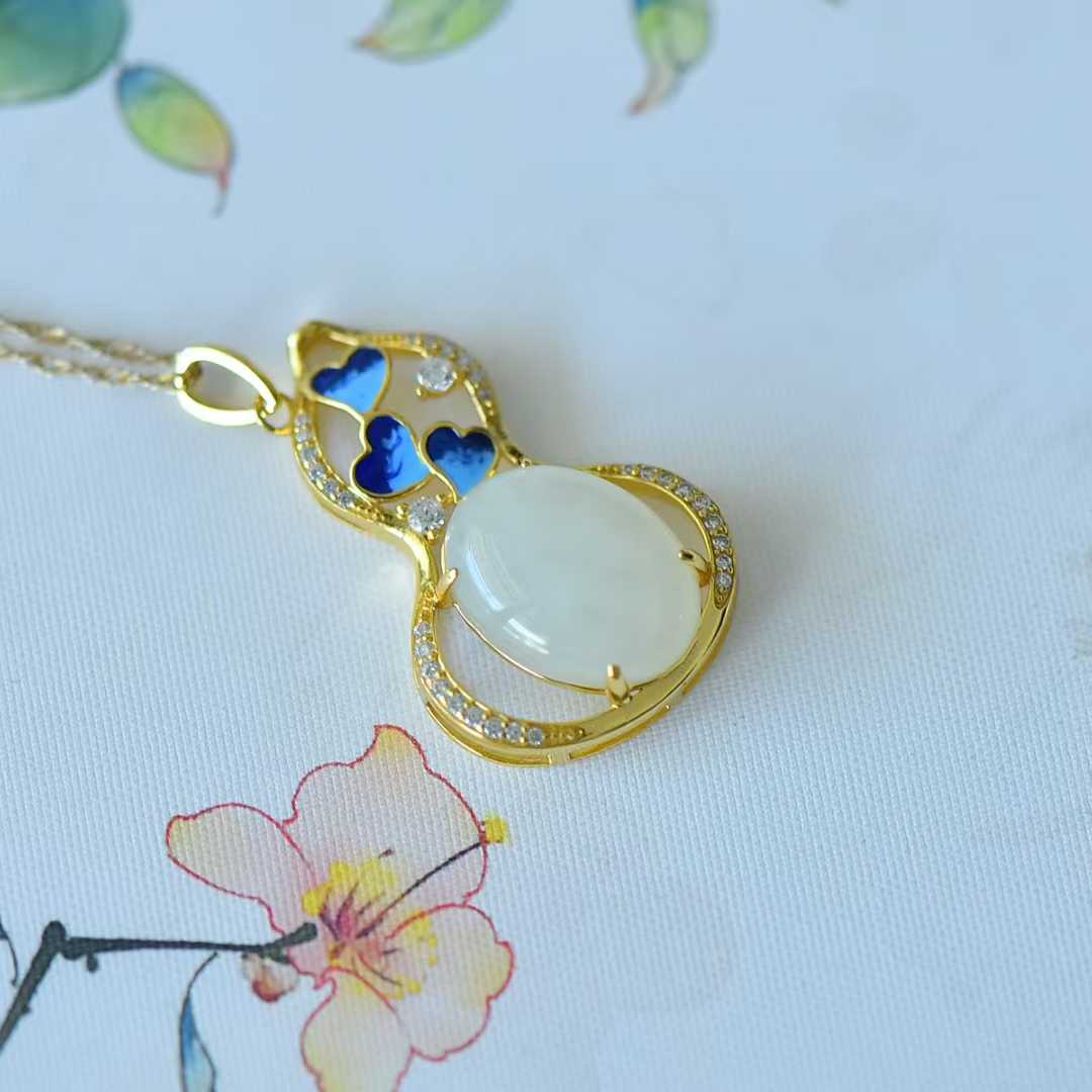 925 Silver Inlaid Hetian Nephrite "Butterfly Loves Flower & Gourd" Pendant - jewelry - weilin.com