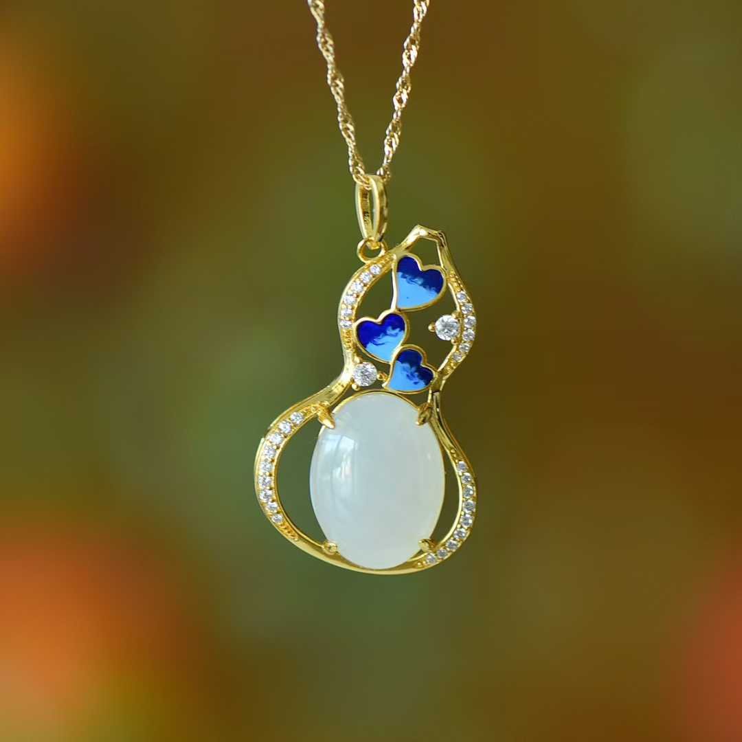 925 Silver Inlaid Hetian Nephrite "Butterfly Loves Flower & Gourd" Pendant - jewelry - weilin.com
