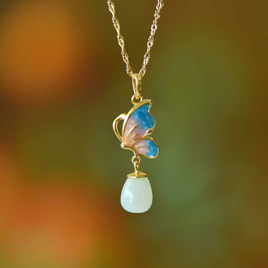 925 Silver Inlaid Hetian Nephrite Butterfly Pendant - jewelry - weilin.com
