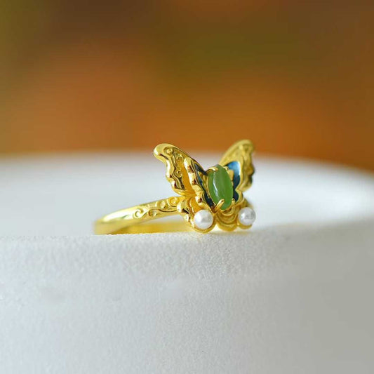 925 Silver Inlaid Hetian Nephrite Butterfly Ring - jewelry - weilin.com