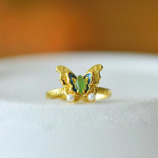 925 Silver Inlaid Hetian Nephrite Butterfly Ring - jewelry - weilin.com