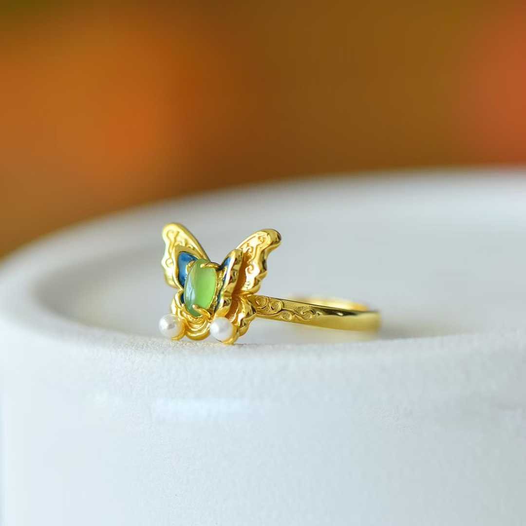 925 Silver Inlaid Hetian Nephrite Butterfly Ring - jewelry - weilin.com