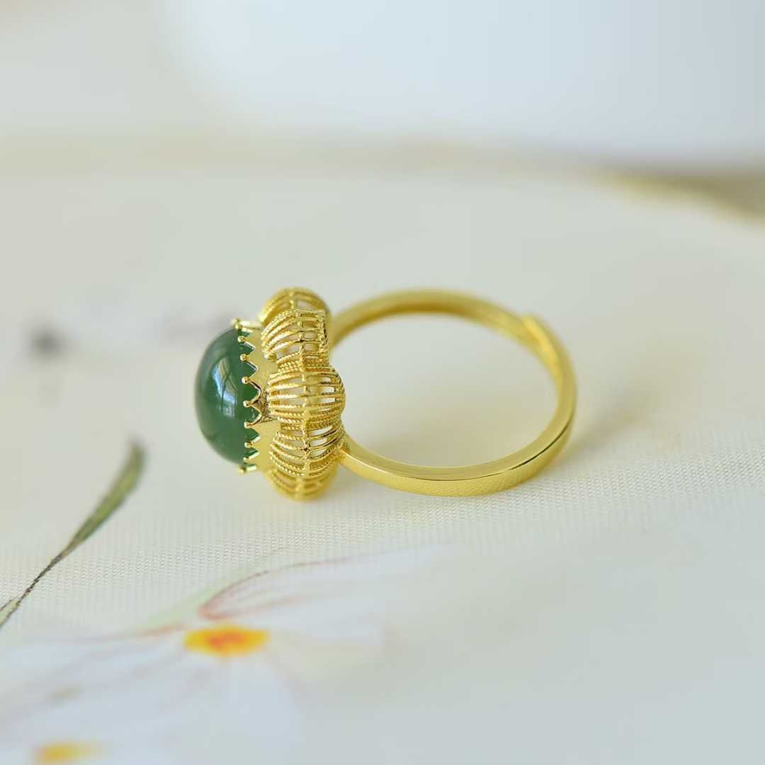 925 Silver Inlaid Hetian Nephrite Cabochon Hollow - Out Ring - jewelry - weilin.com