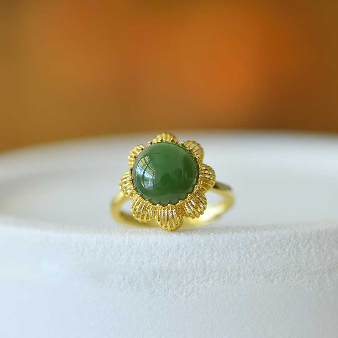 925 Silver Inlaid Hetian Nephrite Cabochon Hollow - Out Ring - jewelry - weilin.com