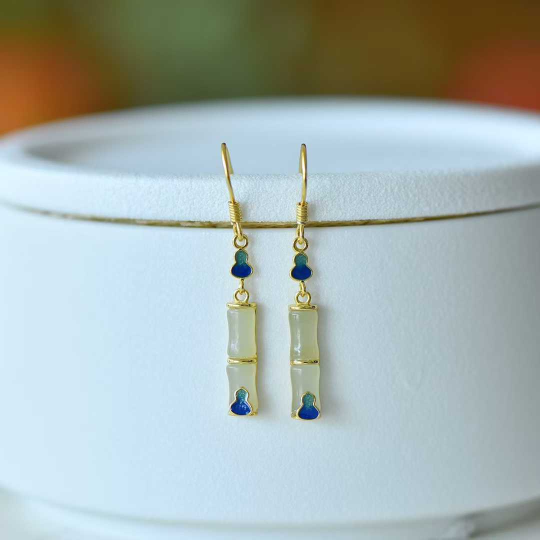 925 Silver Inlaid Hetian Nephrite "Clear Water Jade, Bamboo Joint & Gourd" Earrings - jewelry - weilin.com