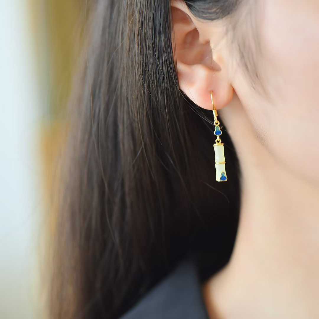 925 Silver Inlaid Hetian Nephrite "Clear Water Jade, Bamboo Joint & Gourd" Earrings - jewelry - weilin.com