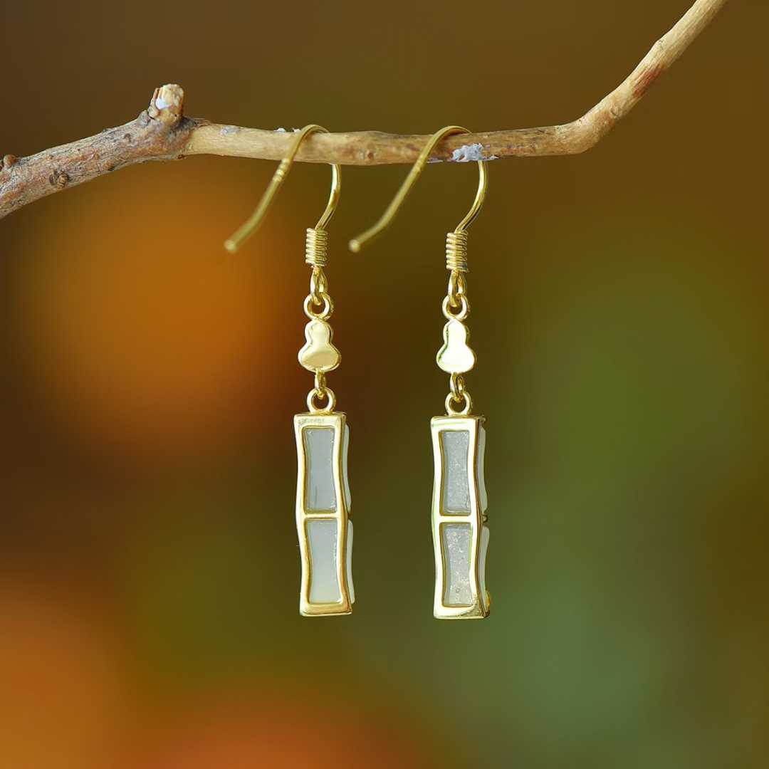 925 Silver Inlaid Hetian Nephrite "Clear Water Jade, Bamboo Joint & Gourd" Earrings - jewelry - weilin.com