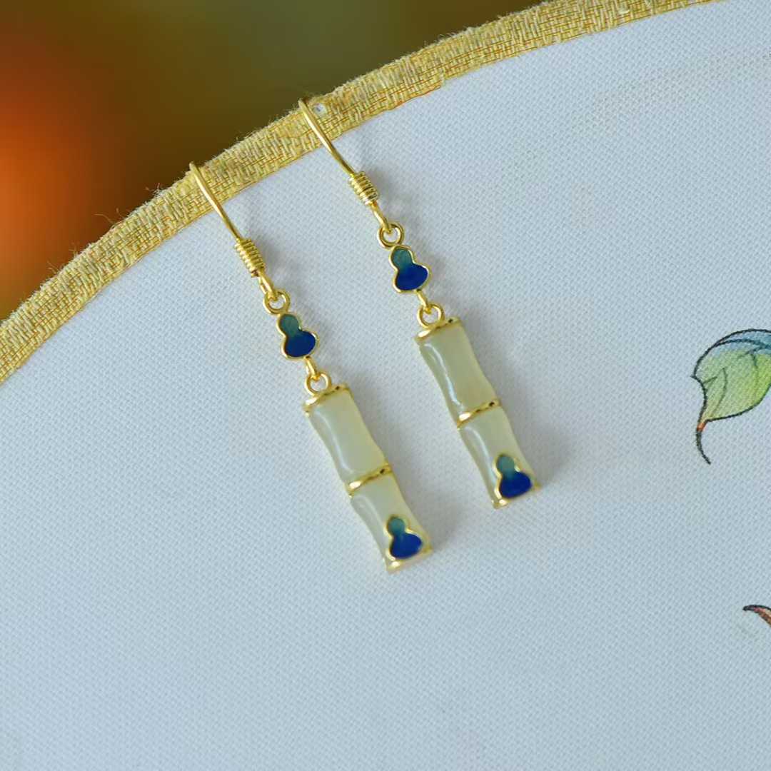 925 Silver Inlaid Hetian Nephrite "Clear Water Jade, Bamboo Joint & Gourd" Earrings - jewelry - weilin.com