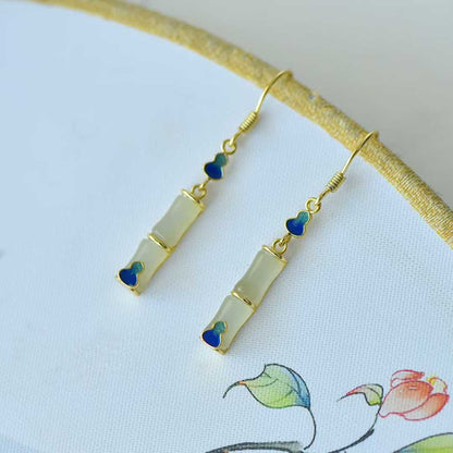 925 Silver Inlaid Hetian Nephrite "Clear Water Jade, Bamboo Joint & Gourd" Earrings - jewelry - weilin.com