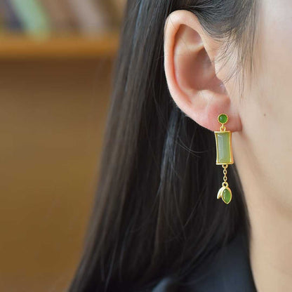 925 Silver Inlaid Hetian Nephrite (Clear Water Variety) "Steady Progress" Stud Earrings - jewelry - weilin.com