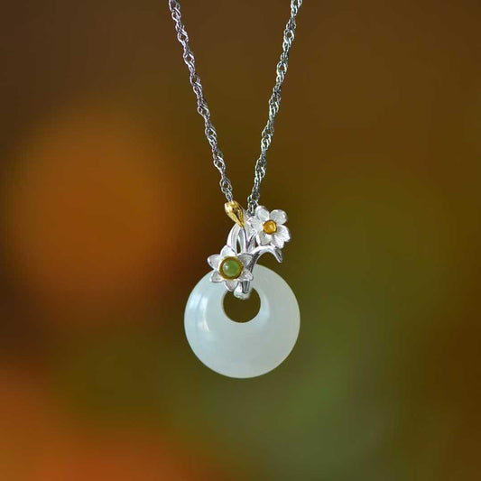 925 Silver Inlaid Hetian Nephrite "December Daffodil (Twelve Flower Gods)" Jewelry Set - jewelry - weilin.com